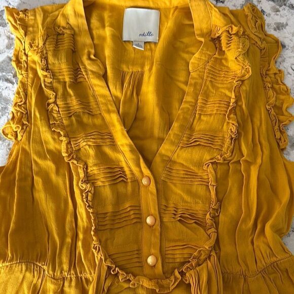 Odille x Anthropologie mustard yellow ruffled dress Sz 2 BOHO - Picture 7 of 10